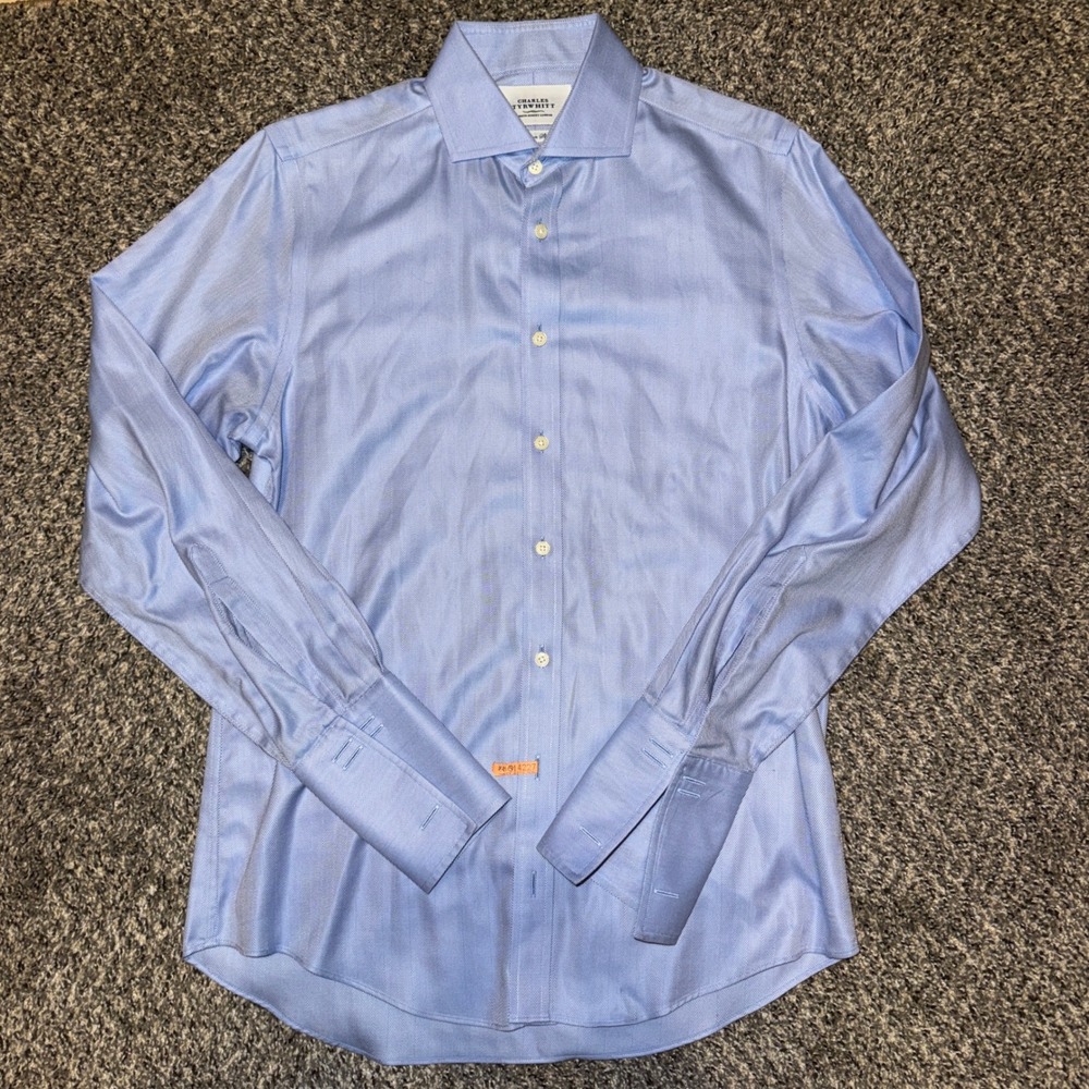 Charles Tyrwhitt Blue Herringbone French Cuff Non-Iron Slim Fit Shirt 15.5/34